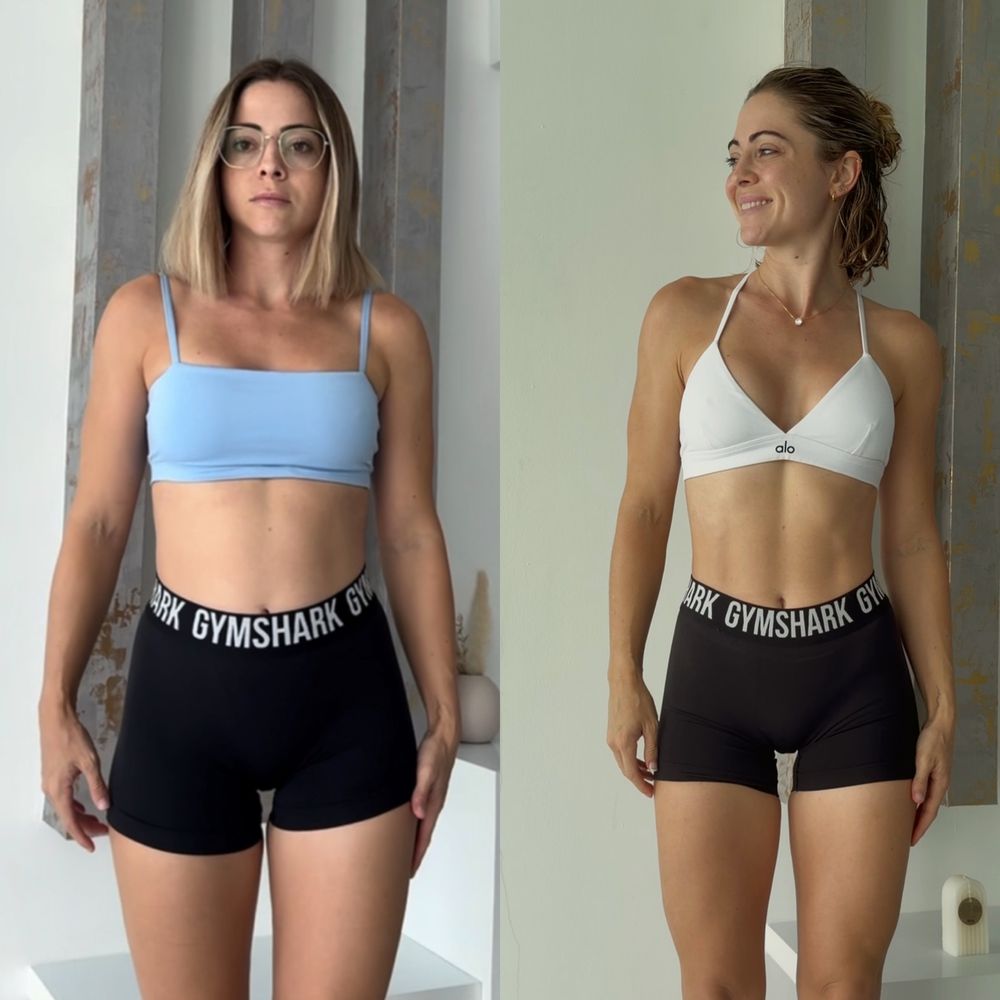 Savannah's body recomposition before and after, front view